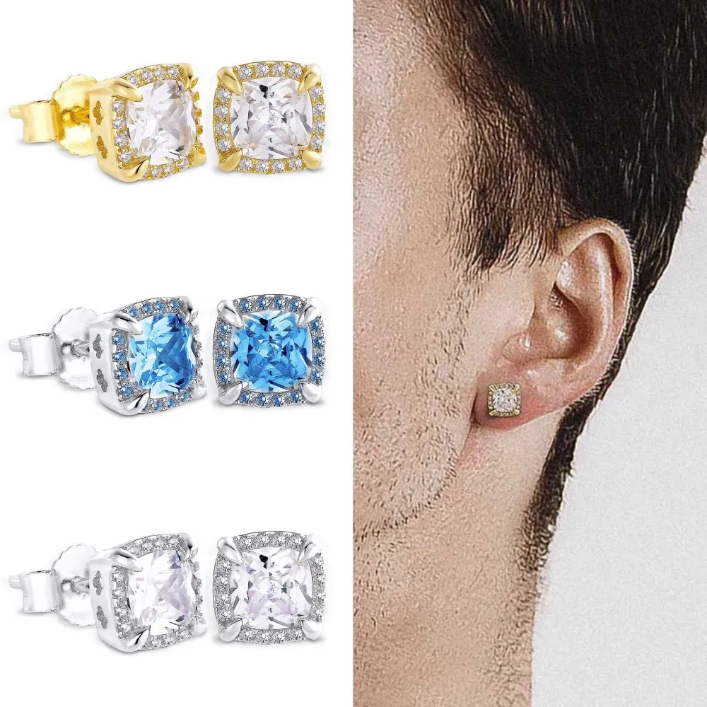 Square Zirconia Stud Earrings Copper Micro Pave Hip Hop Iced Out Geometric Earrings For Men Women Unisex Party Jewelry
