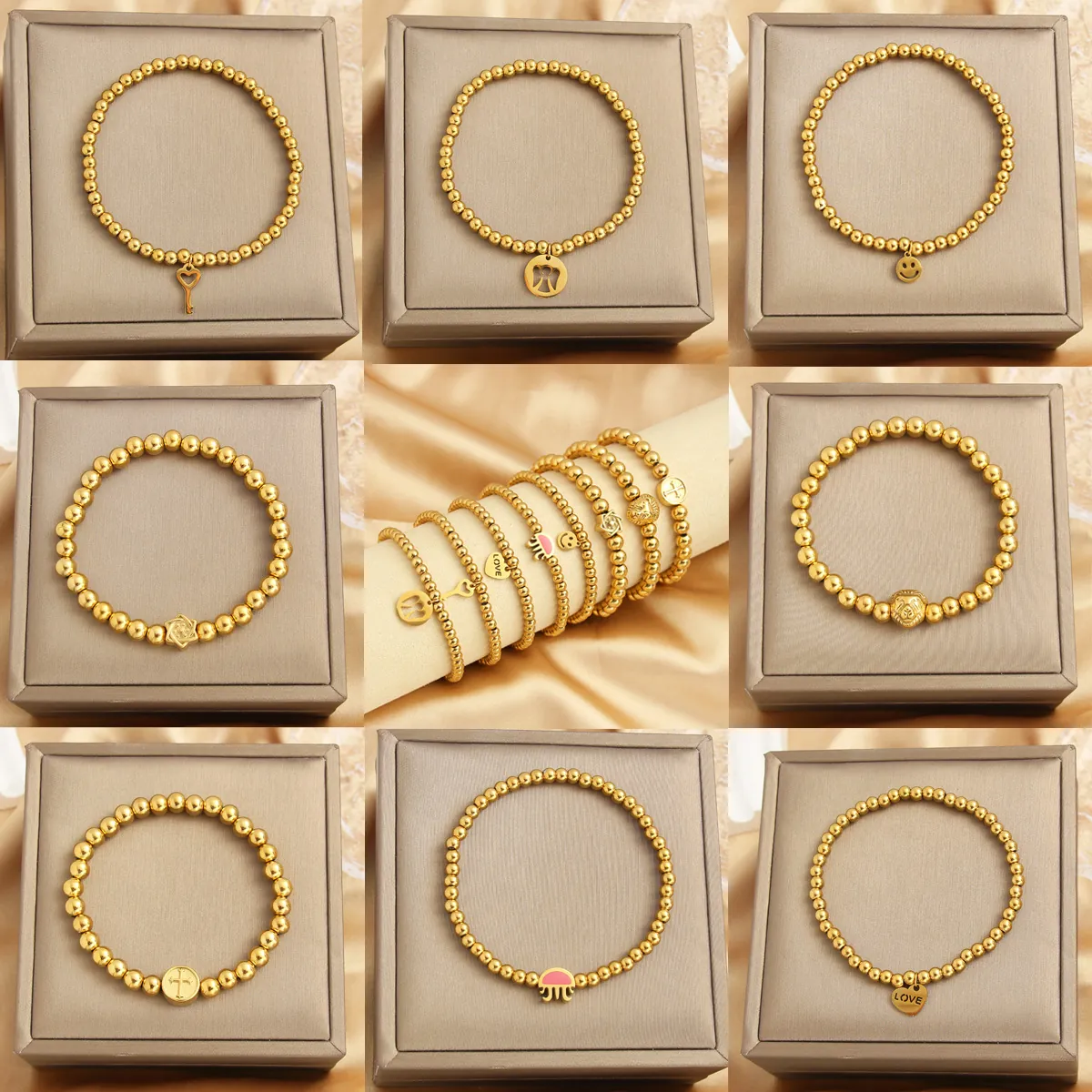 Stainless Steel Beaded Bracelet Gold Plated With Heart Cross Smile Charms Elastic Stretch Trendy Jewelry For Women Men