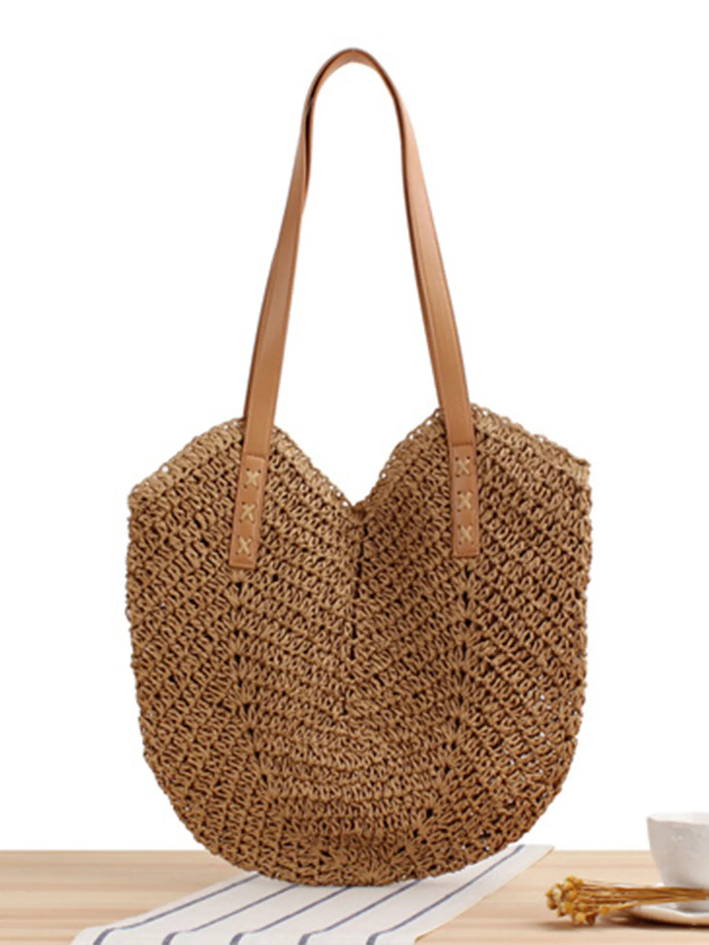 Women Woven Shoulder Bag Paper Rope Hollow Tote With PU Leather Straps Casual Beach Vacation Style Large Capacity Shell Shape