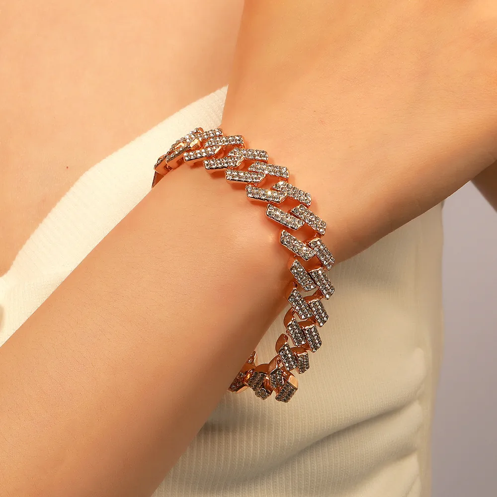 Bracciale Hip Hop Cuban Link con Strass Intarsiati Catena Spessa in Lega per Uomo Donna Gioielli di Moda Geometrici Vintage