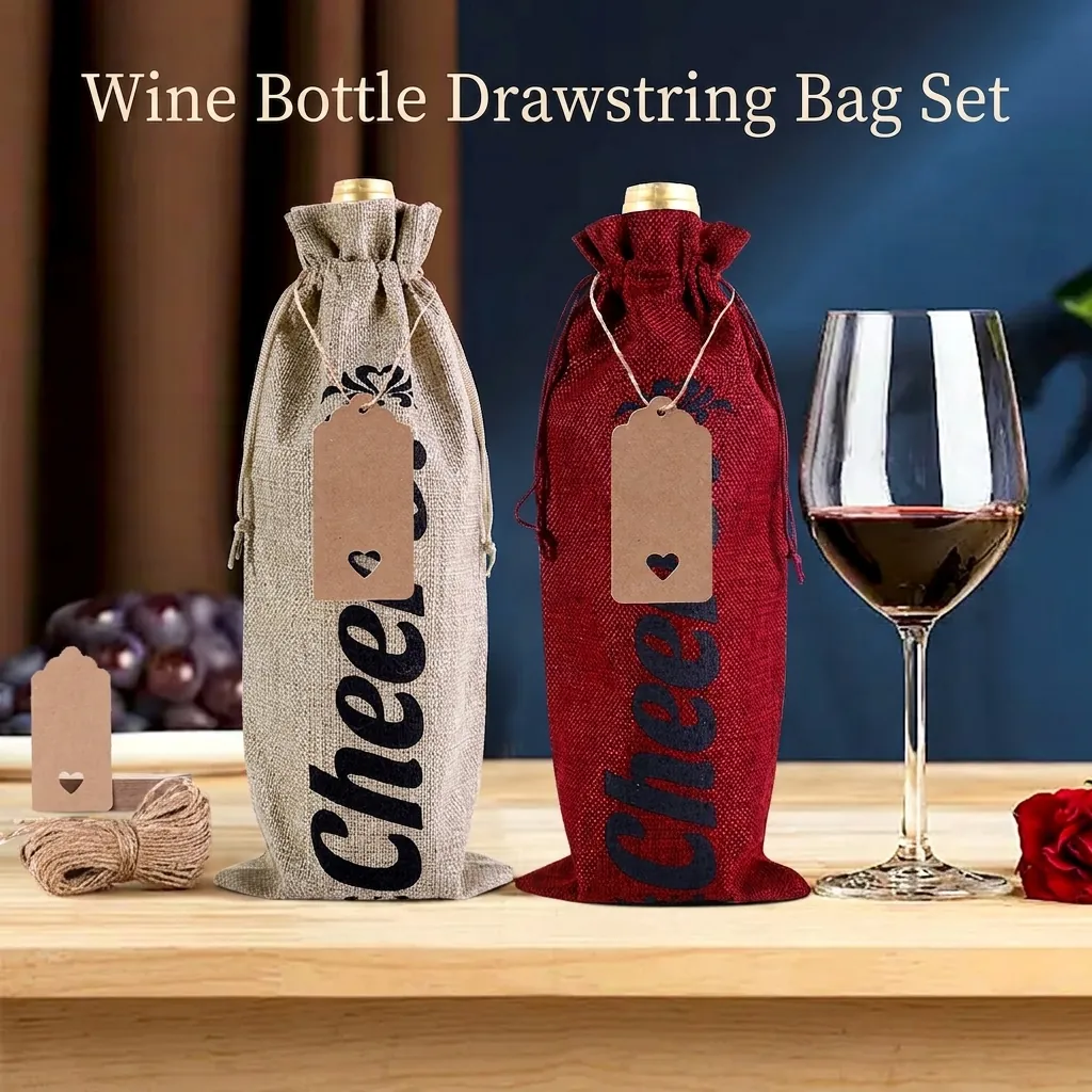 Burlap Wine Bottle Gift Bags Drawstring Linen Reusable Covers Cheers Printed For Wedding Party Christmas Celebration