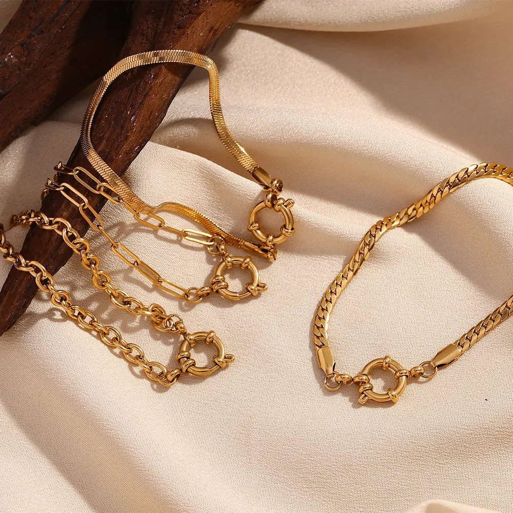 Minimalist Stainless Steel 18K Gold Plated Bracelet For Women Vacuum Plated Paperclip Snake O-Chain Spring Ring Clasp Jewelry
