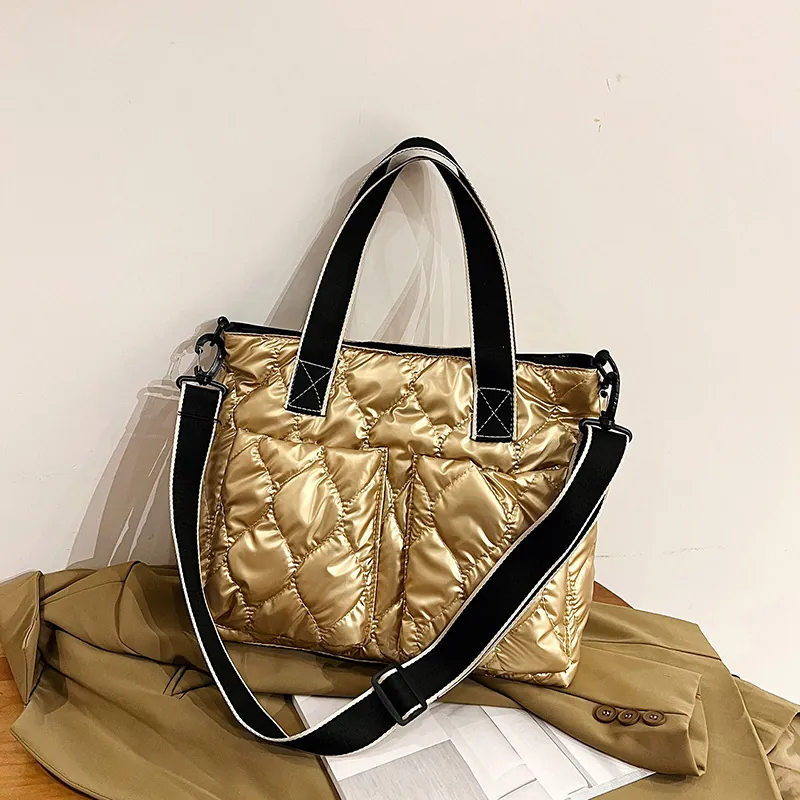 Women Quilted Shoulder Bag Waterproof Padded Tote Large Capacity Metallic Shiny Handbag With Contrast Straps