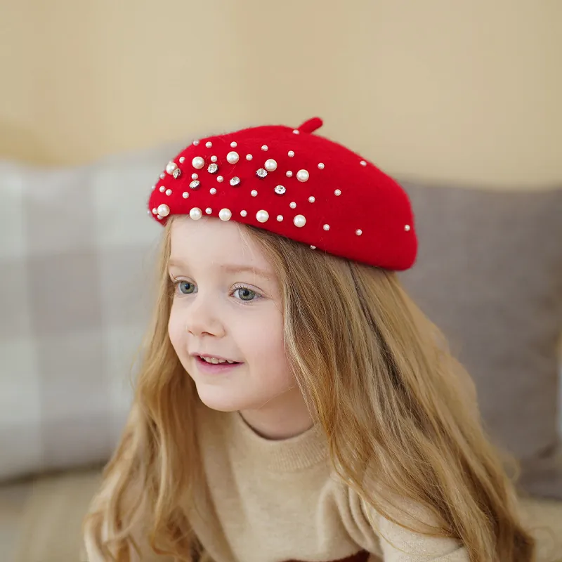 Kids Girls Wool Felt Beret Hat With Artificial Pearls And Rhinestones French Vintage Princess Artist Cap For Toddlers