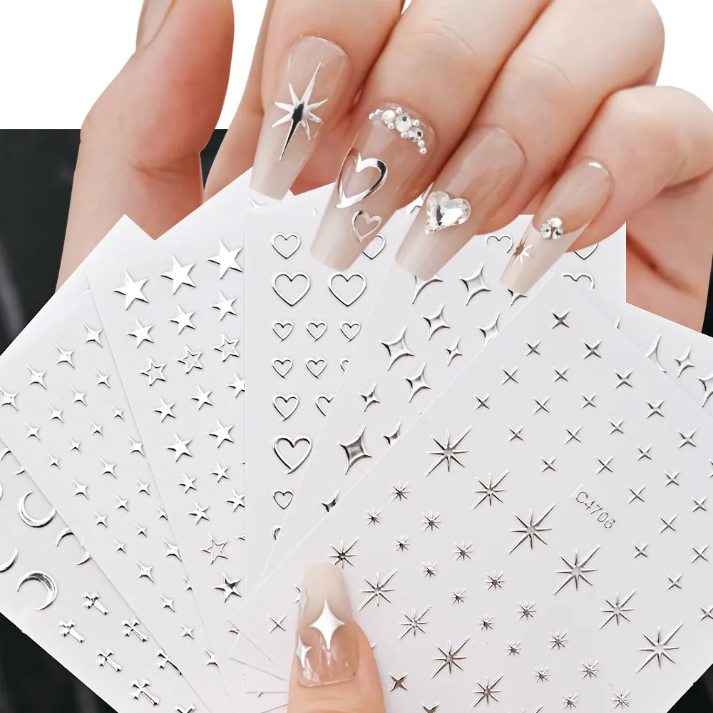 Adesivi Per Unghie Argento Metallizzato Metallo Liquido Y2K Stella Cuore Croce Decorazione Manicure Per Donne DIY