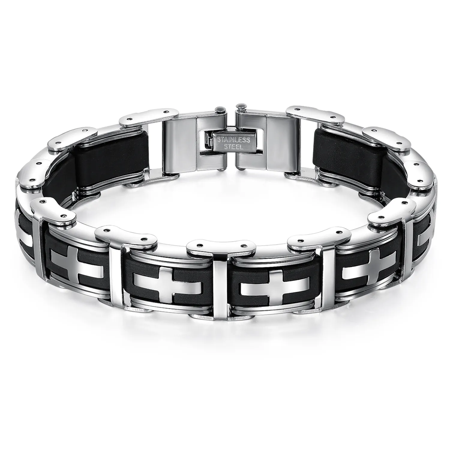 Men Stainless Steel Bracelet Black Silicone Cross Link Punk Style Fashion Jewelry For Male