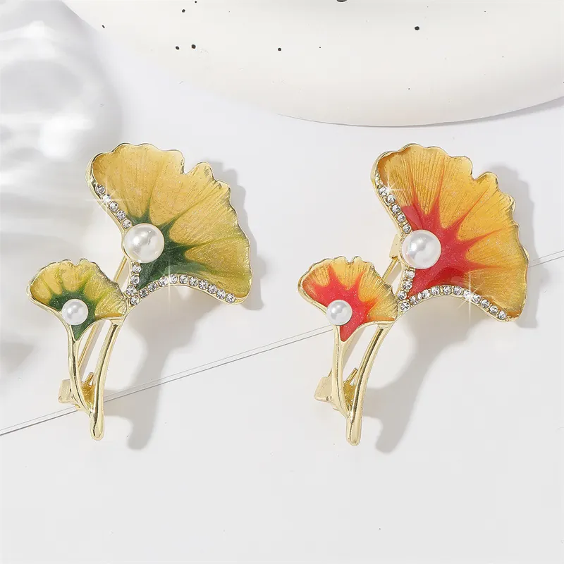 Ginkgo Leaf Brooch Alloy Enamel Rhinestone Artificial Pearl Chinese Style Vintage Elegant Pins For Women Jewelry Accessories