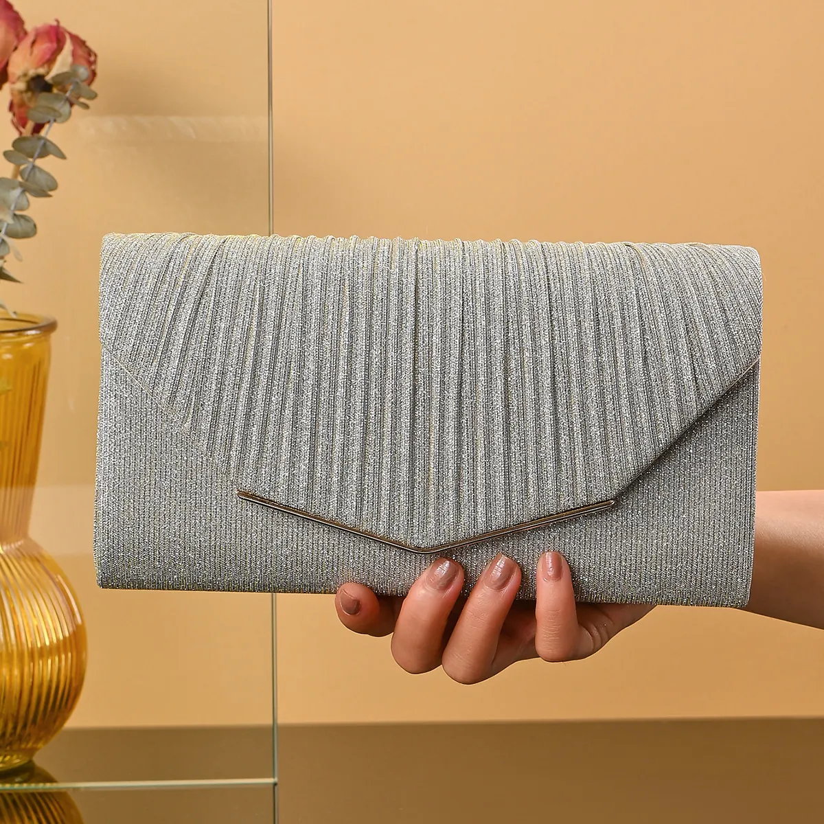 Shimmer Pleated Evening Clutch Bag With Chain Strap V Shape Metal Trim Envelope Party Purse For Women