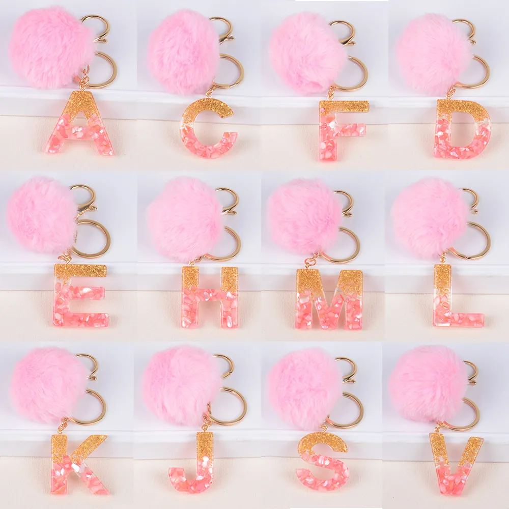 Pink Alphabet Letter Resin Keychain With Faux Fur Pompom Gold Foil Glitter Sparkly Keyring Bag Charm