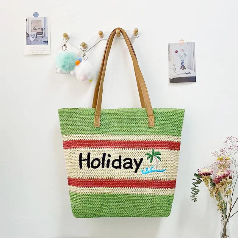 Striped Straw Woven Tote Bag Large Beach Shoulder Handbag With Holiday Palm Tree Embroidery And PU Leather Straps Zipper