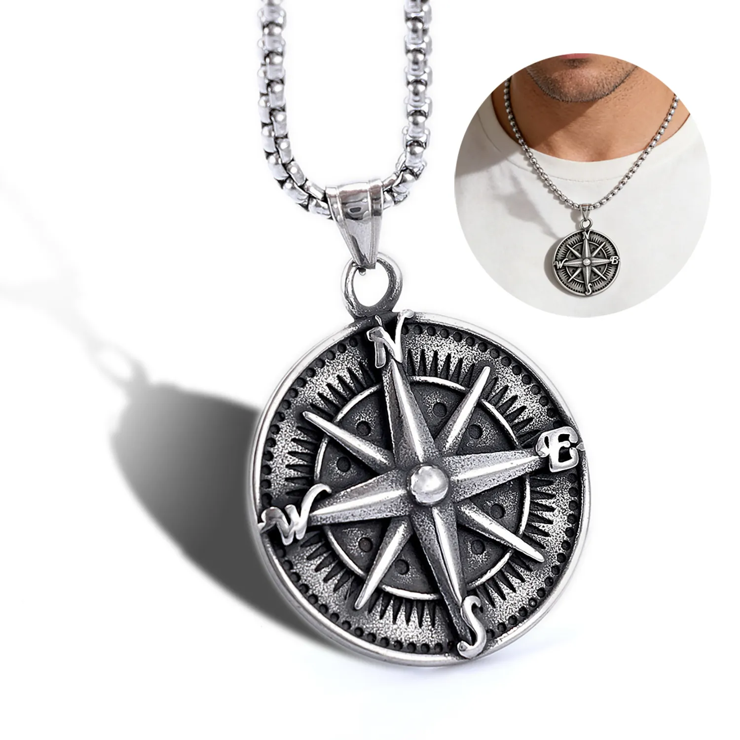 Vintage Stainless Steel Compass Pendant Necklace For Men Round Nautical Punk Style Jewelry