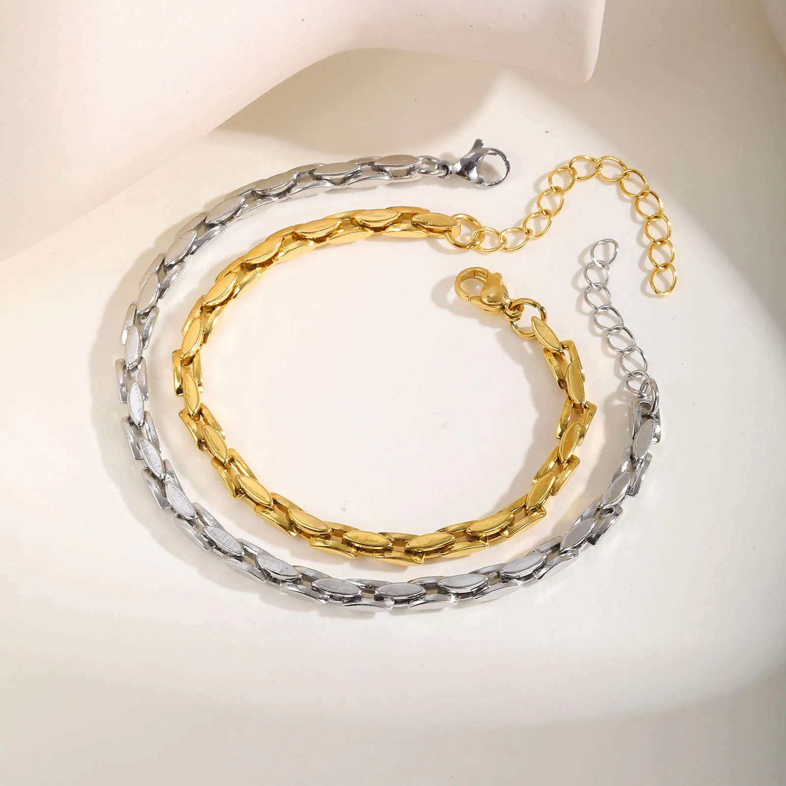 Minimalist Stainless Steel Flat Link Bracelet For Men Women Adjustable Fashion Handmade Shuttle Chain Jewelry