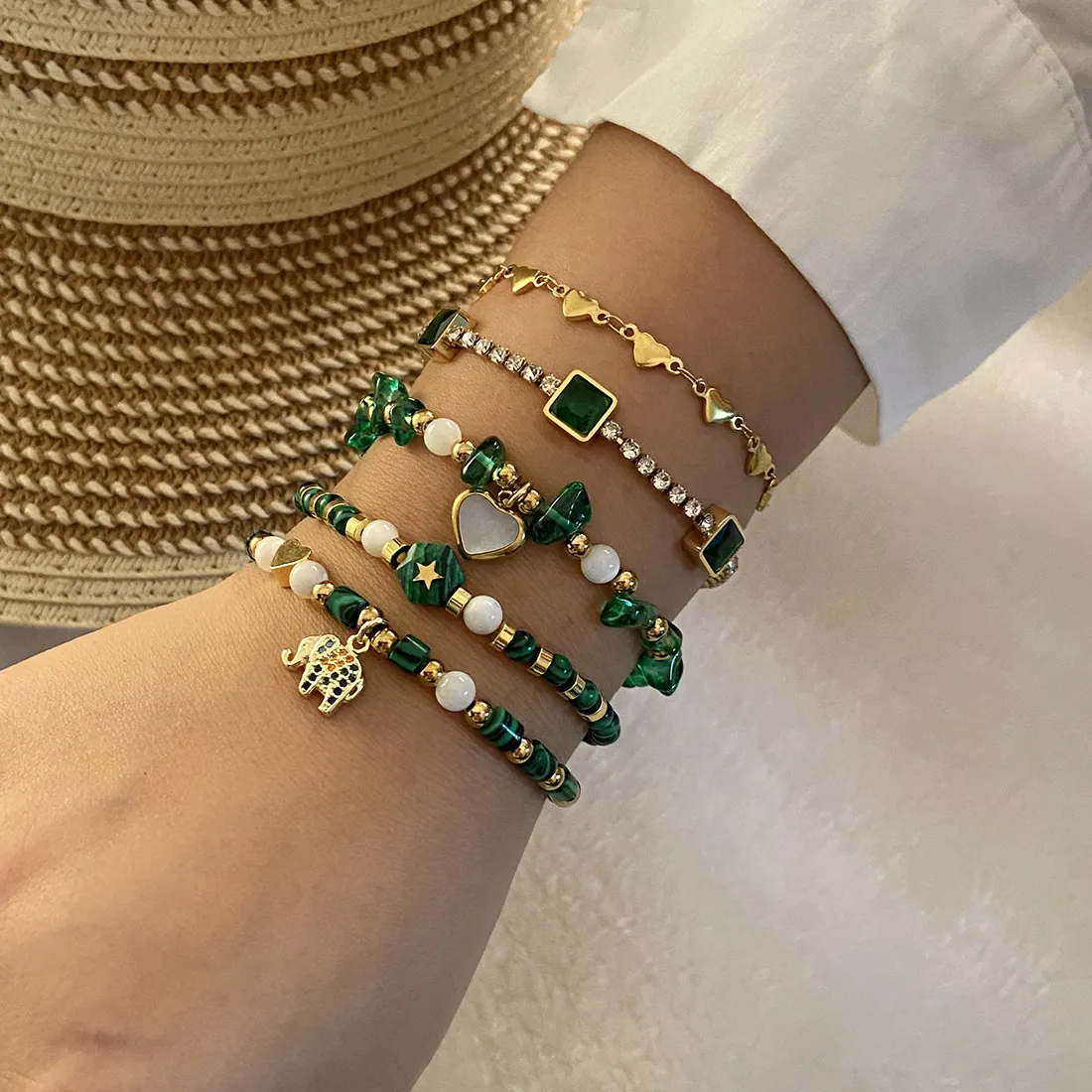 Bracelet Perles Malachite Bohème Pendentif Cœur Éléphant Acier Inoxydable Cuivre Zircon Vert Bijoux Femmes