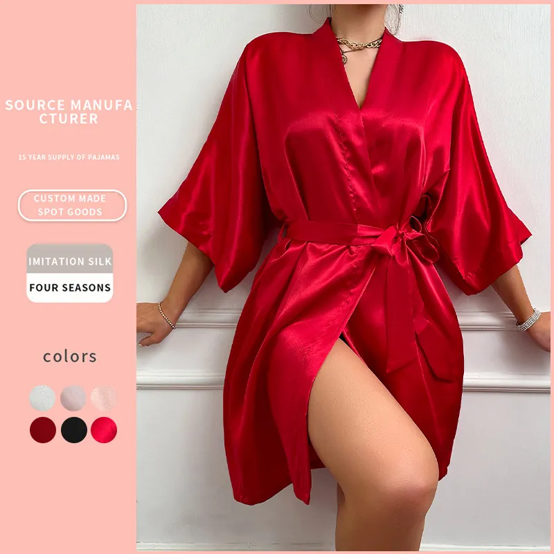 Robe En Satin De Satin Pour Femmes Col En V Kimono Vêtements De Nuit Avec Ceinture À Nouer Mince Couleur Unie Peignoir