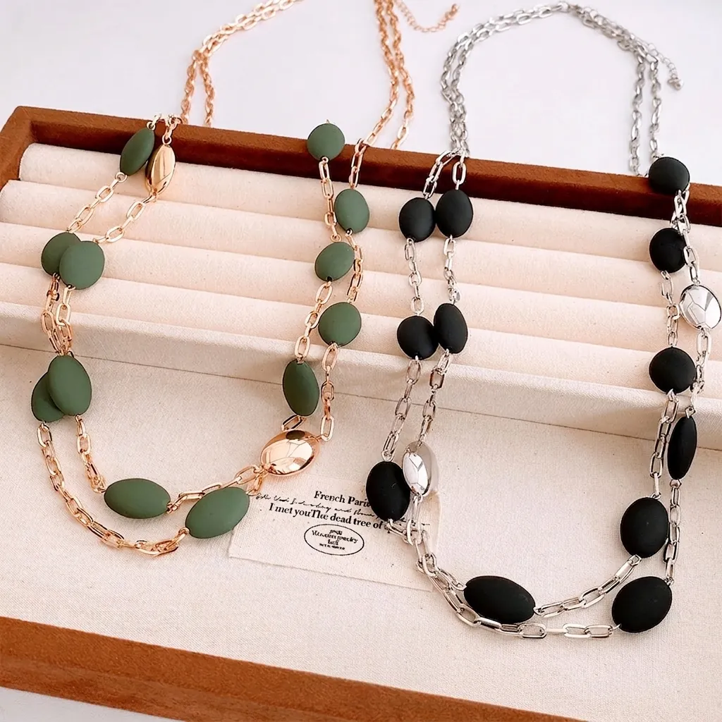 Retro Layered Long Sweater Chain Necklace With Oval Acrylic Beads And Metal Link For Women Minimalist Fashion