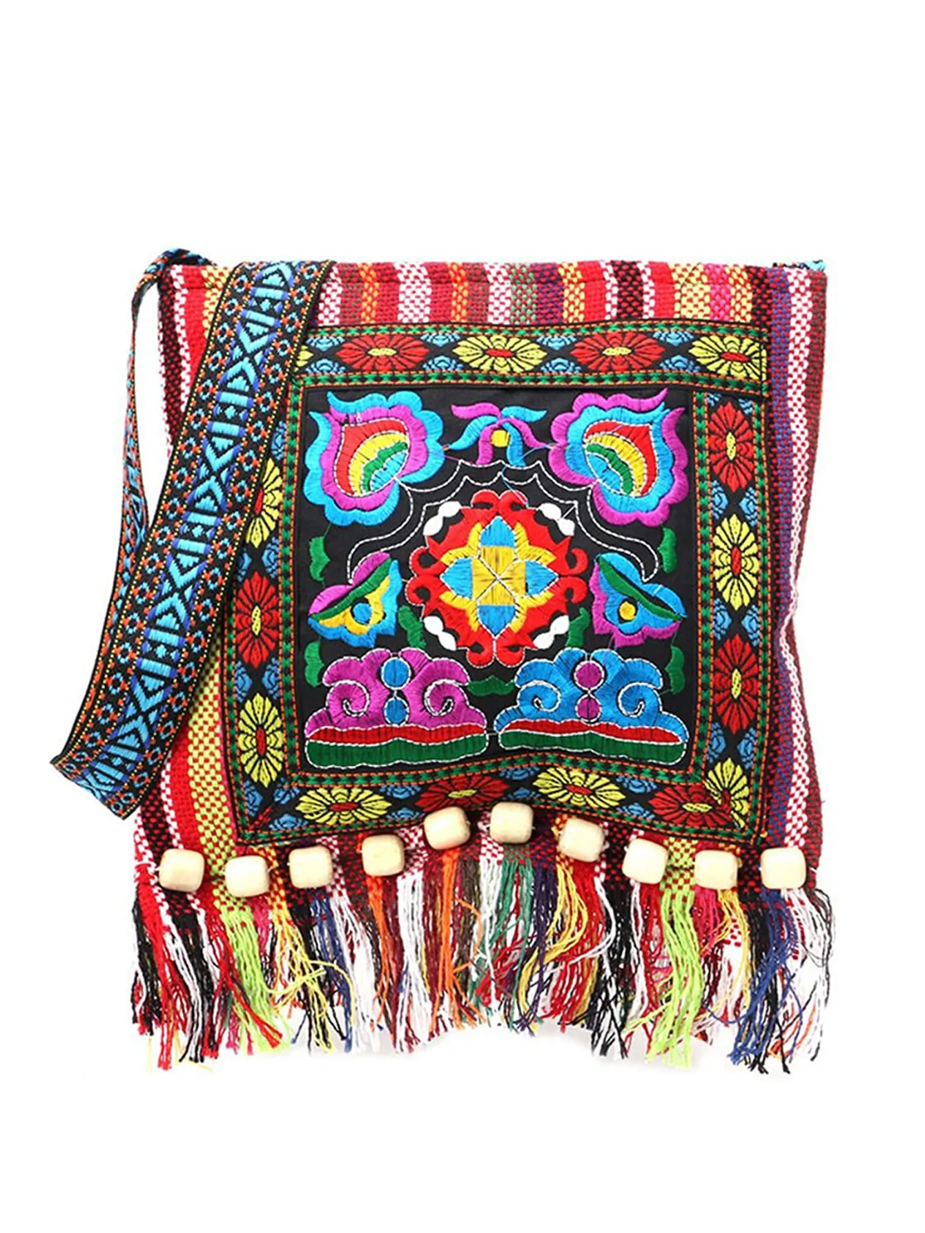 Bohemian Ethnic Embroidery Crossbody Bag Fabric Tassel Wood Bead Shoulder Purse Travel Daily Style For Women