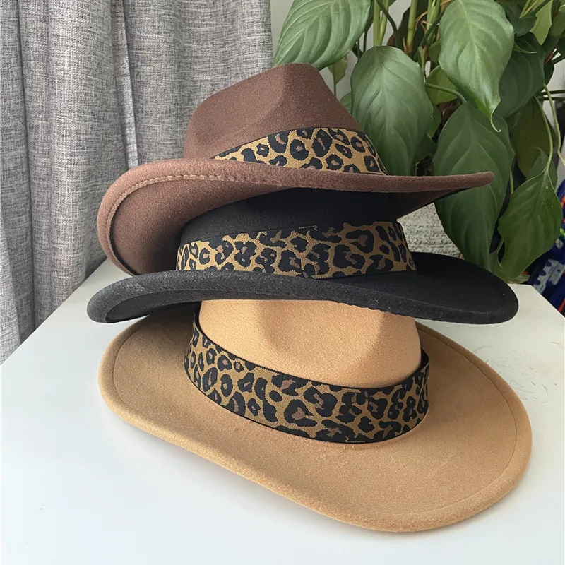 Fedora Hat Wool Felt Wide Brim Jazz Cap With Leopard Print Ribbon Band Elegant Vintage Sunshade Unisex Fashion
