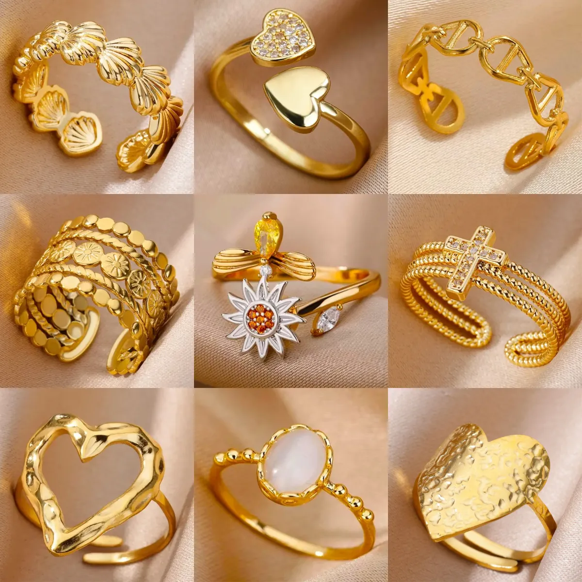 Stainless Steel Adjustable Open Rings For Women Heart Shell Butterfly Geometric Sun Gold Plated Fashion Jewelry