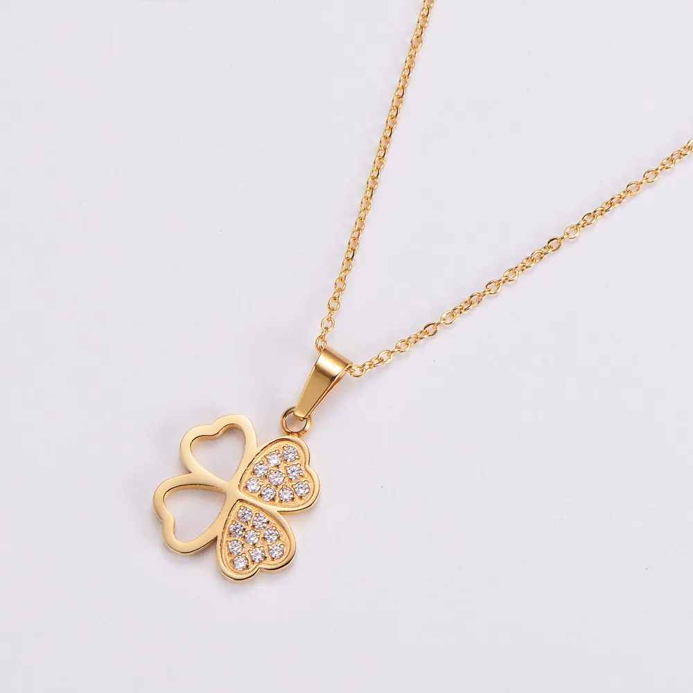 Clover Pendant Necklace Stainless Steel Micro Pave Zircon Hollow Heart Design Elegant Clavicle Chain Jewelry For Women