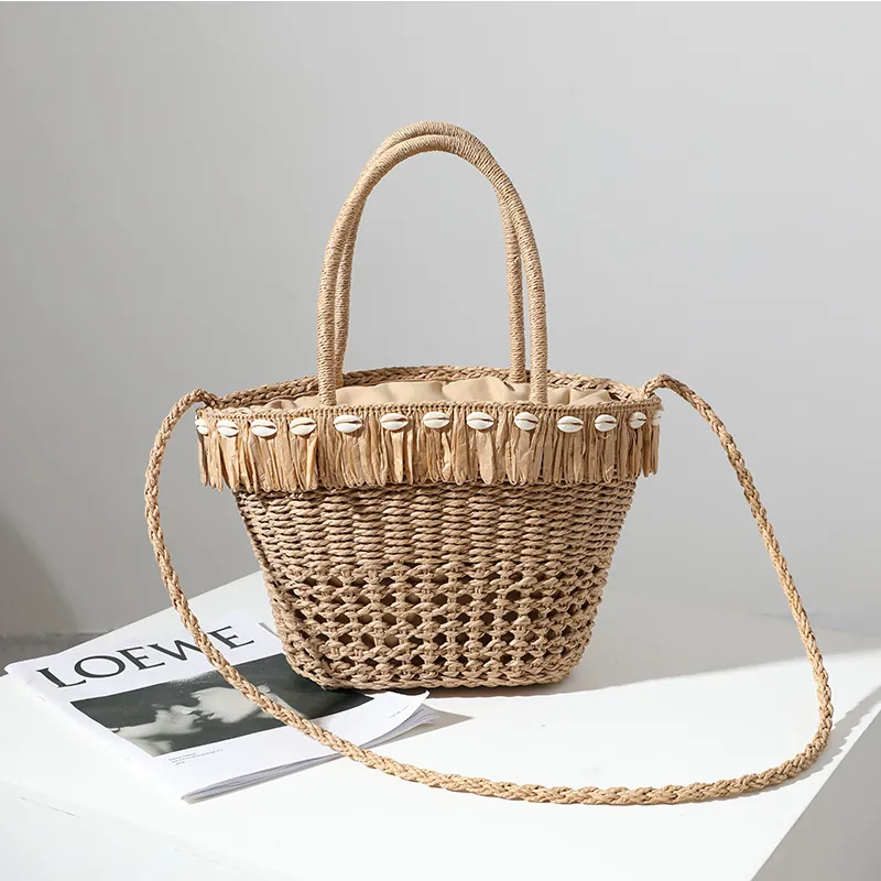 Borsa A Spalla In Paglia Intrecciata Da Donna Con Nappe Di Conchiglia Vuoto Vacanza Spiaggia Coulisse Fodera