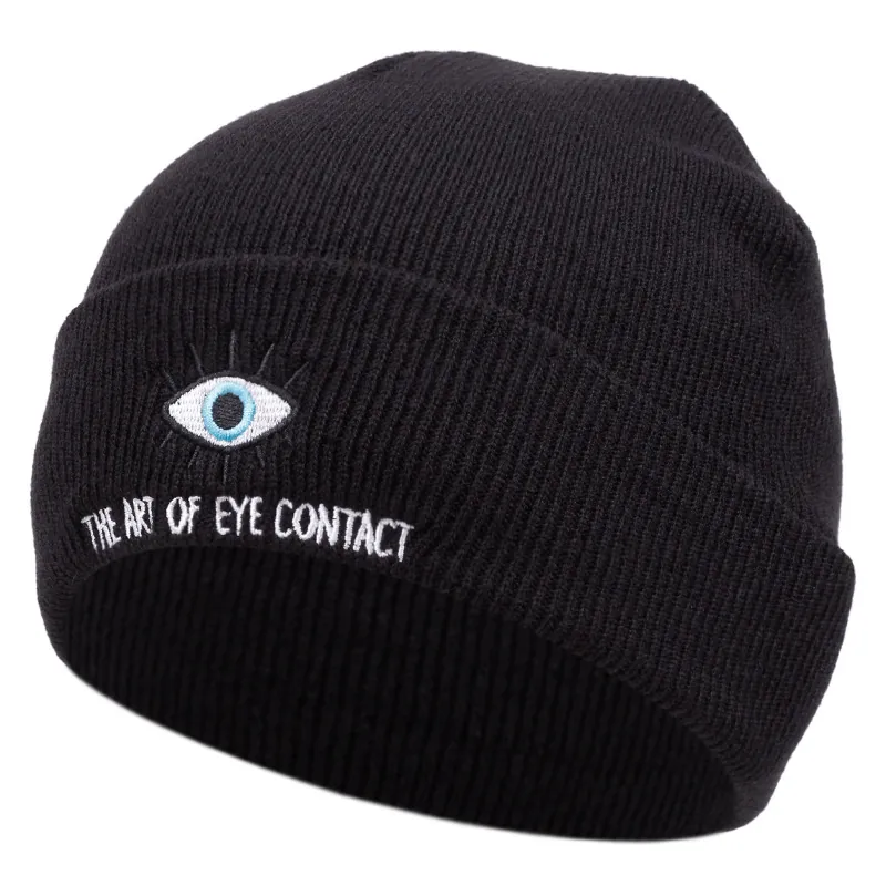 Bonnet En Maille Avec Broderie Oeil Chaud Acrylique Bonnet D'hiver À Revers Pour Hommes Et Femmes Style Hip-Hop