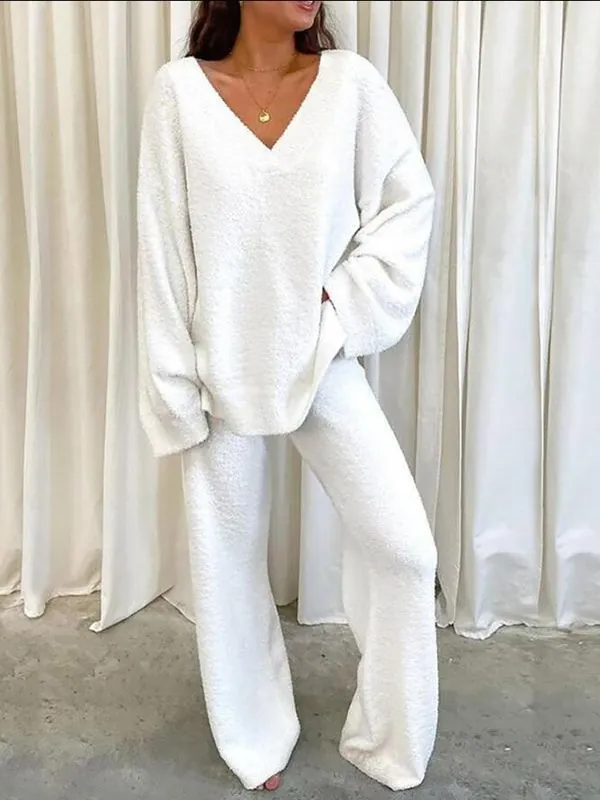 Women Casual Knit V-Neck Long Sleeve Top And Wide Leg Pants Solid Color Loungewear Loose Homewear Soft Polyester