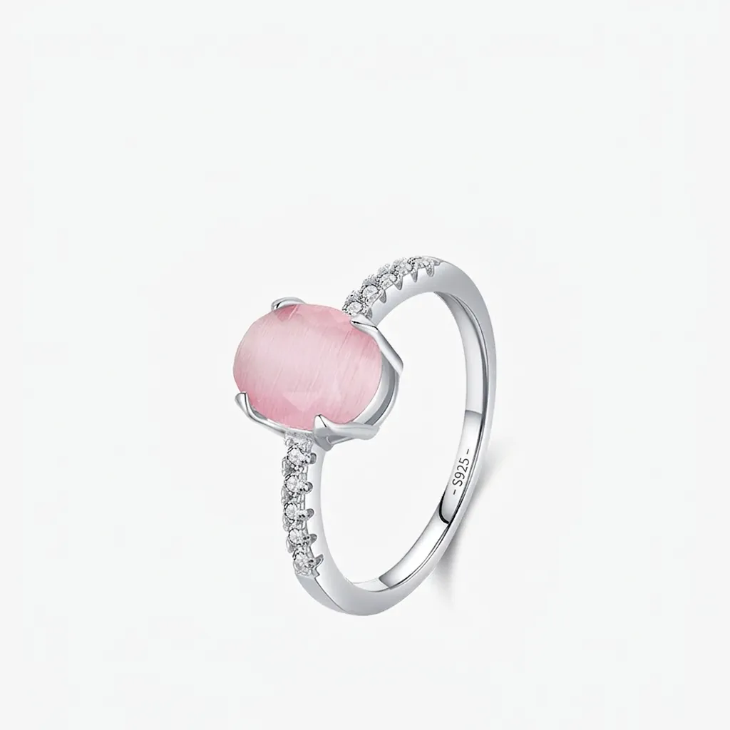 925 Sterling Silver Ring Pink Oval Cat's Eye Stone Sparkling Cubic Zirconia Minimalist Fashion Jewelry For Women