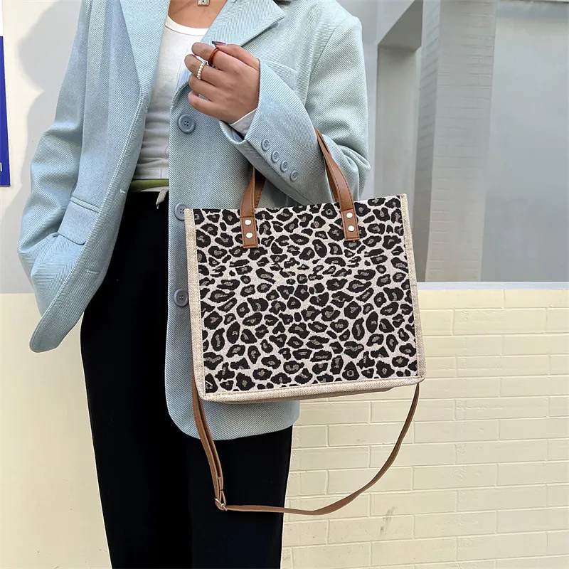 Leopard Print Canvas Tote Bag For Women Fashion Linen Handbag With PU Leather Handles And Adjustable Shoulder Strap