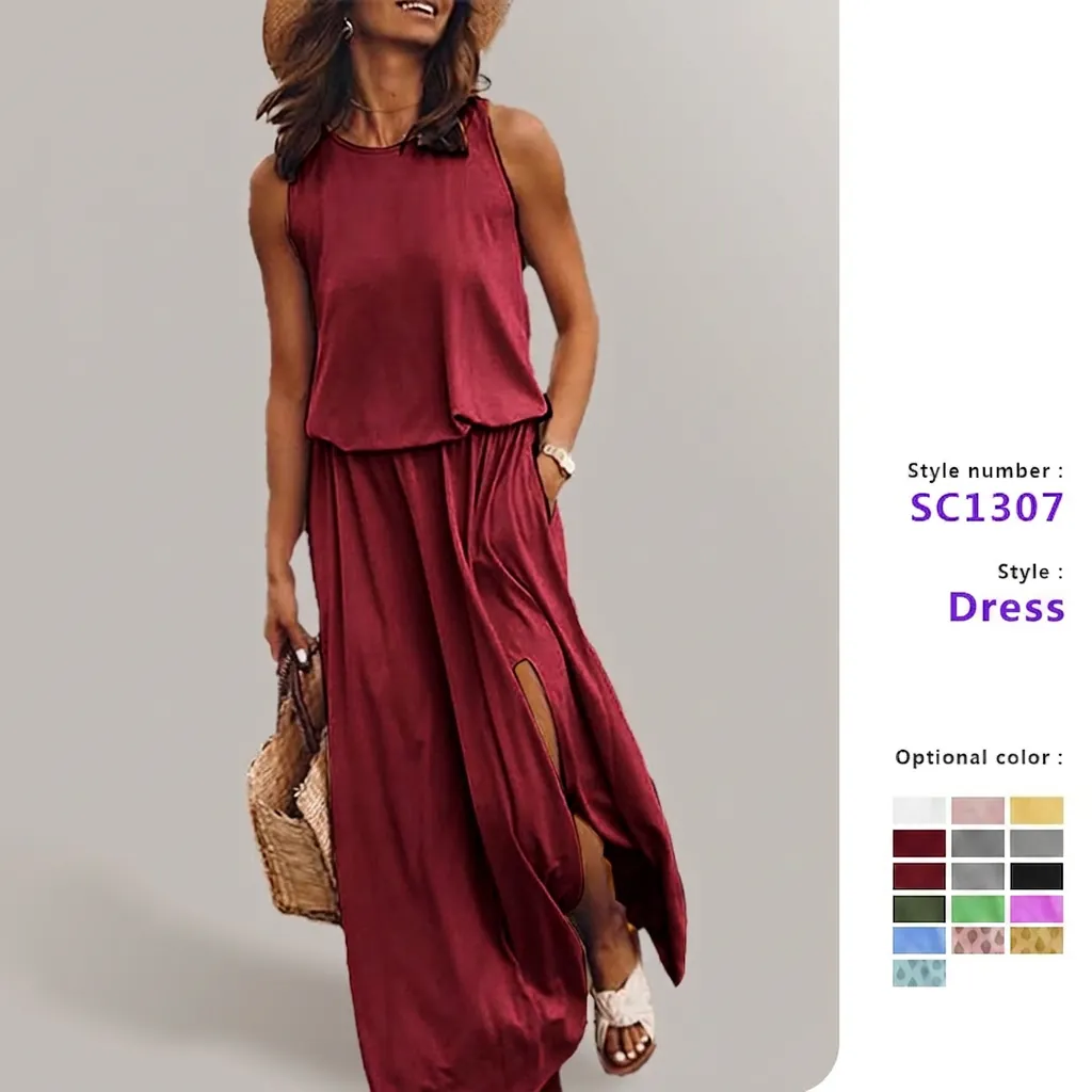 Dames Zomer Mouwloos Ronde Hals Maxi Jurk Elegant Effen Zijsplit Geresilleerd Lange Zonnejurk Casual Vakantie Strandkleding