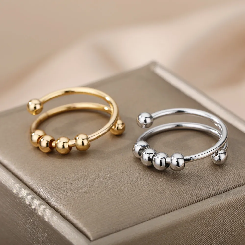 Anxiety Fidget Ring Copper Spinner Open Adjustable Spiral Movable Beads Minimalist Anti Stress Relief Jewelry