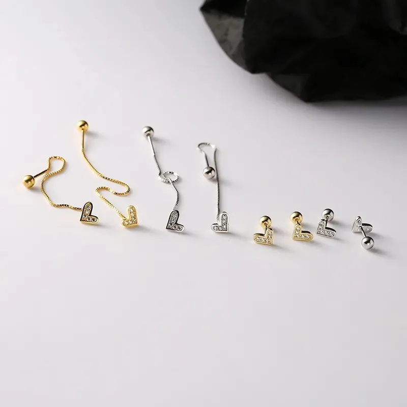 Heart Zircon Brass Earrings Asymmetric Sweet Style Screw Back Long Ear Line Jewelry