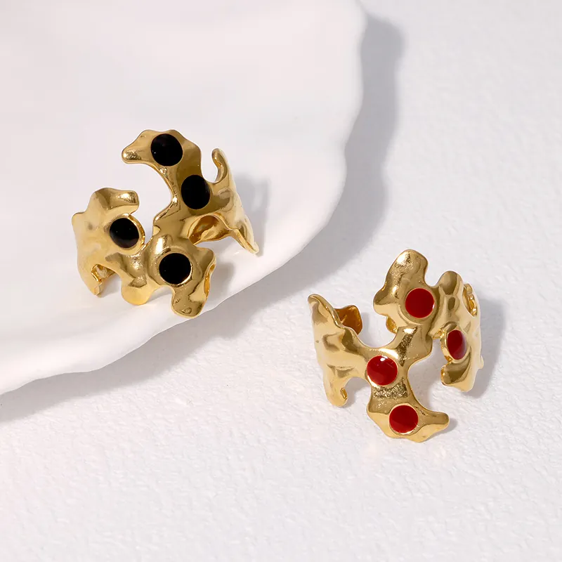 Unregelmäßiger Lava Textur Offener Ring Edelstahl 18K Vergoldet Emaille Punkt Organischer Flüssiger Stil Für Frauen