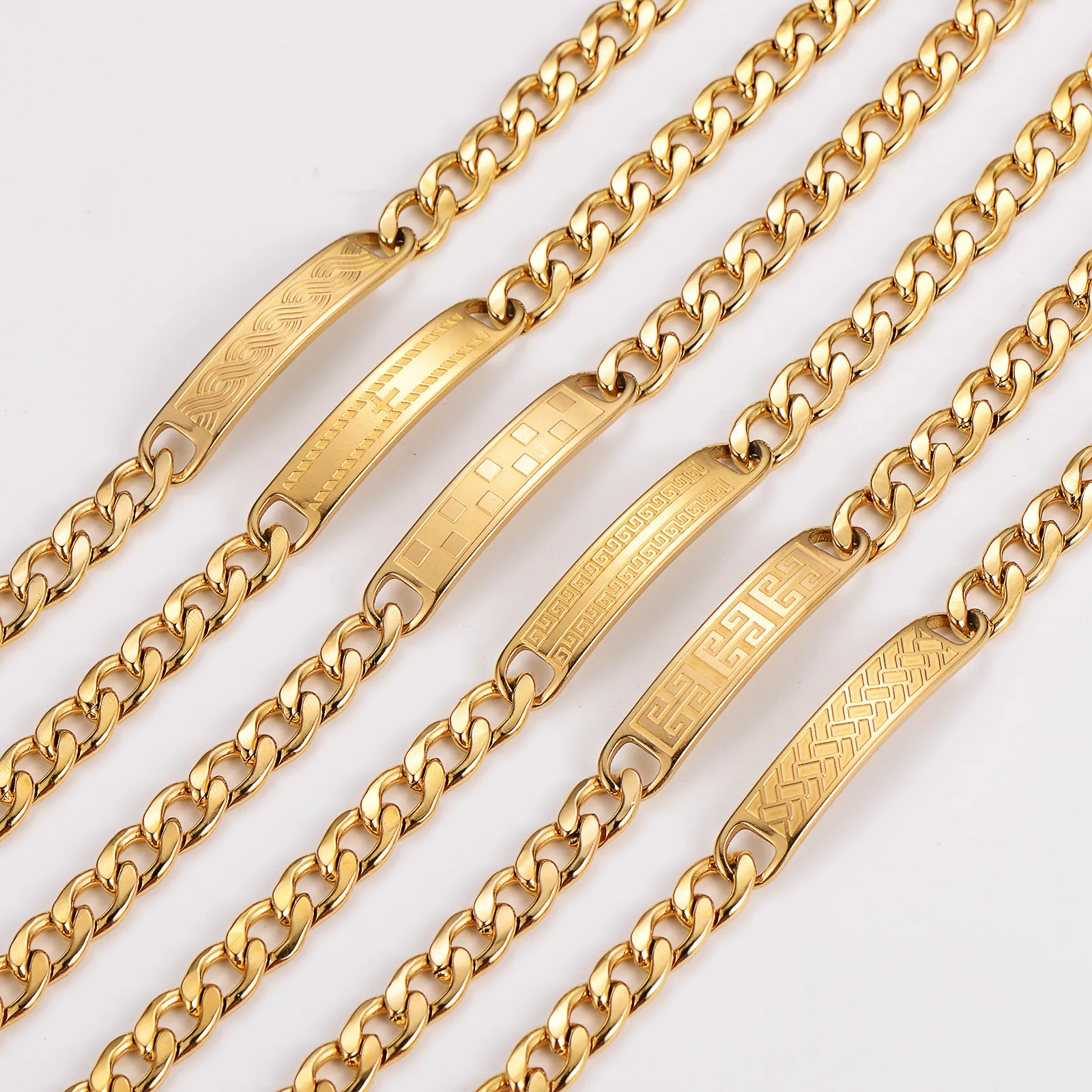 Hip Hop Cuban Link Bracelet 304 Stainless Steel 18K Gold Plated Geometric Curved ID Tag Plate Punk Jewelry For Men Women