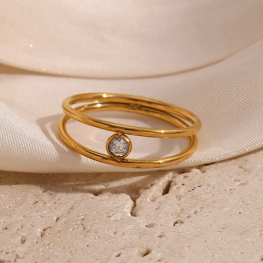 Anello A Doppio Strato In Acciaio Inossidabile Placcato Oro 18K Zirconia Gioielli Geometrici Minimalisti Da Donna