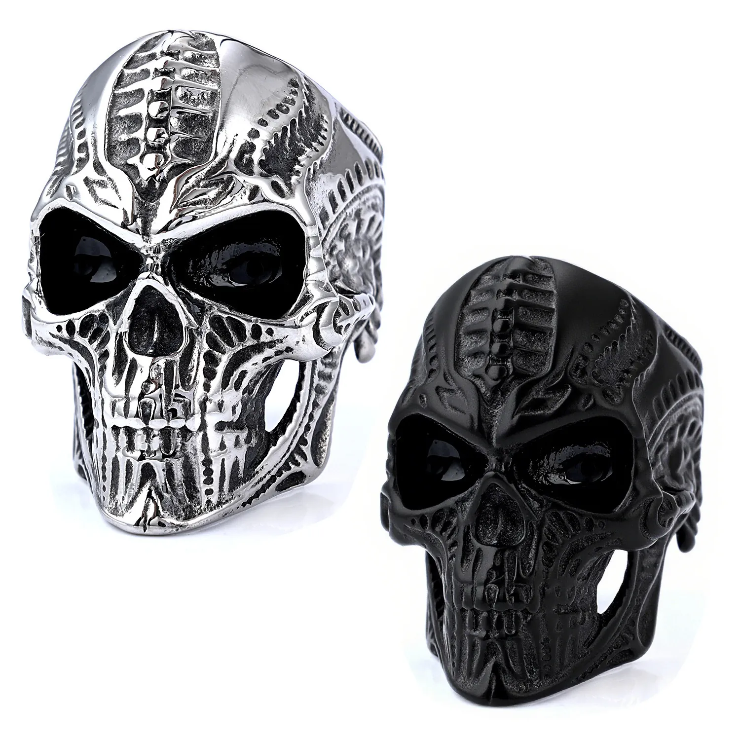 Skull Ring Stainless Steel Gothic Punk Biker Style Vintage Carved Skeleton Head Jewelry For Men Women