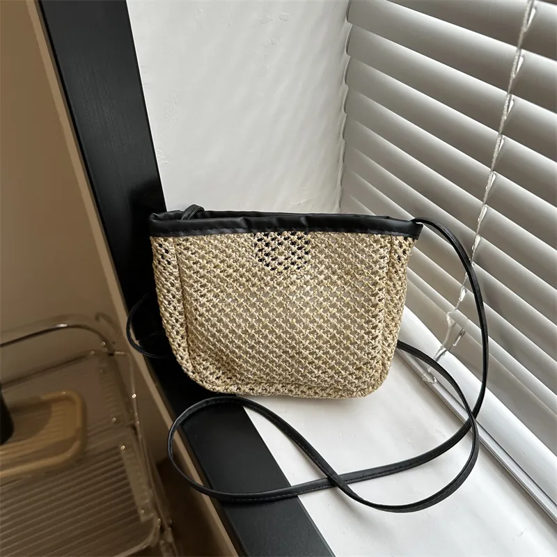 Borsa A Tracolla In Paglia Intrecciata Con Rifiniture In Pelle PU Borsa A Secchiello Casual Estiva Da Donna