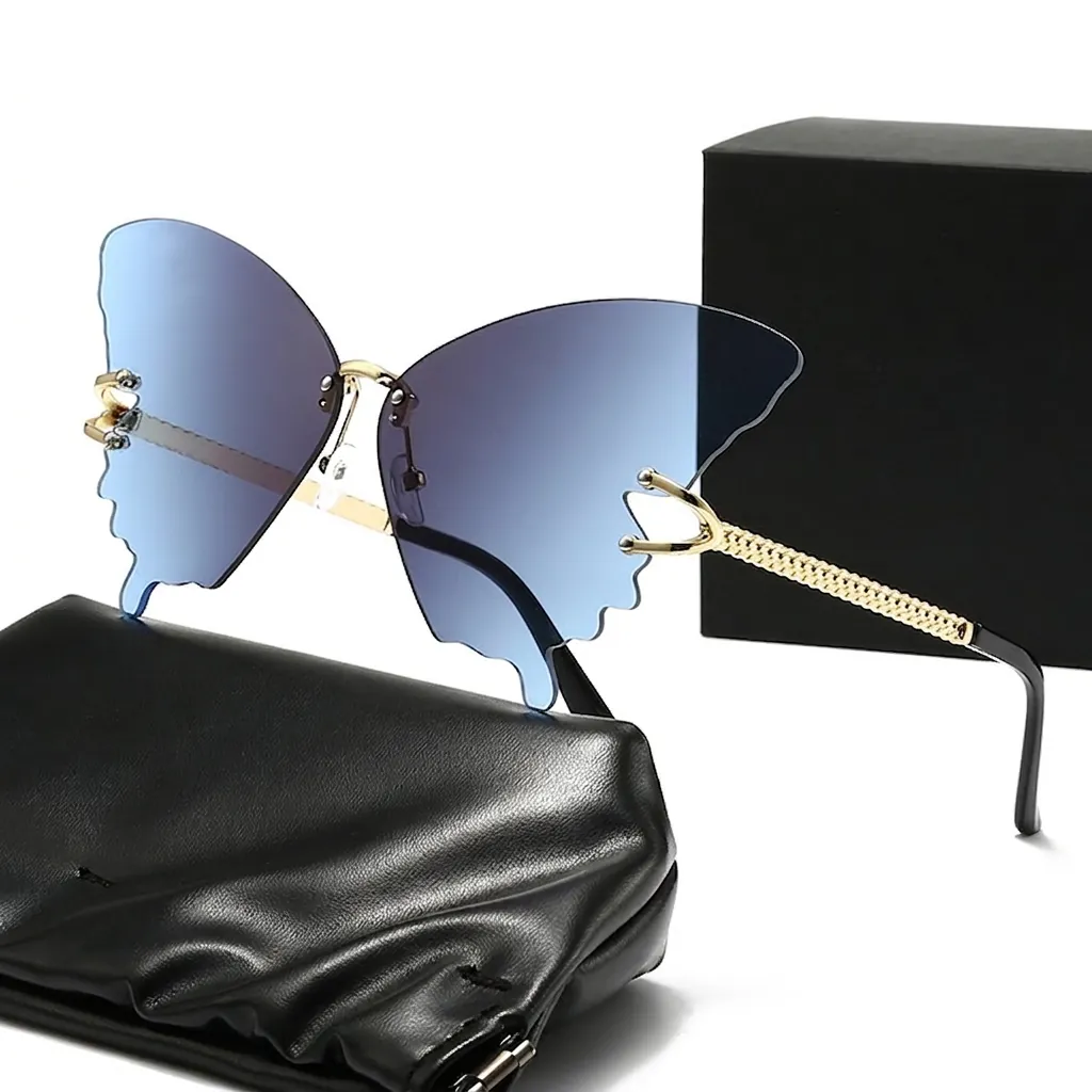 Butterfly Rimless Sunglasses Gradient PC Lenses Gold Metal Chain Temples UV400 Fashion Eyewear For Women
