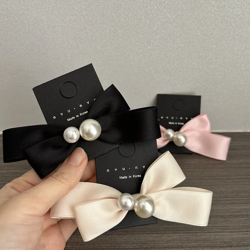 Vintage Satin Bow Hair Clip With Faux Artificial Pearl Elegant French Spring Barrette Hairpin For Women Sweet Korean Style Headwear