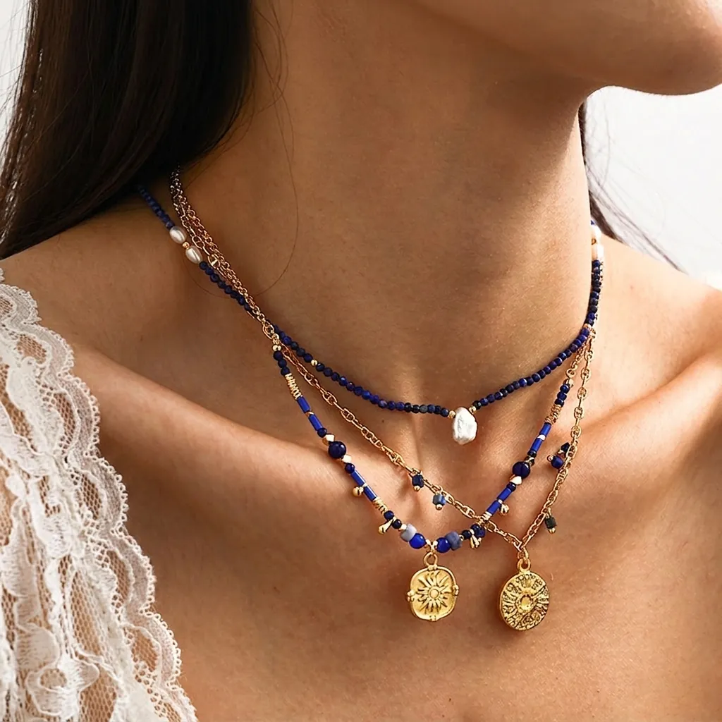 Bohemian Pendant Necklace For Women Brass 18K Gold Plated Artificial Baroque Pearl Lapis Lazuli Beaded Sun Coin Vintage