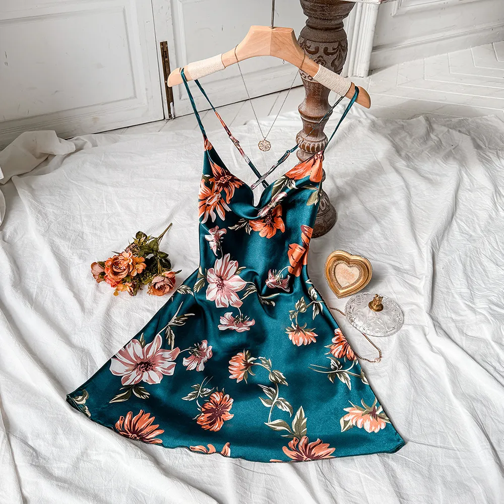 Floral Print Satin Nightgown Spaghetti Strap V-Neck Backless Imitation Satin Sleepwear For Women