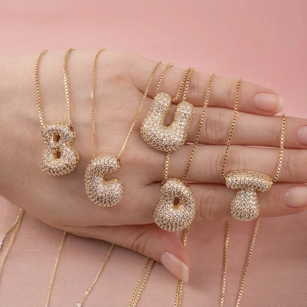 Bubble Letter Pendant Necklace Copper Cubic Zirconia Inlaid 3D Chubby Alphabet Fashion Jewelry For Women Men
