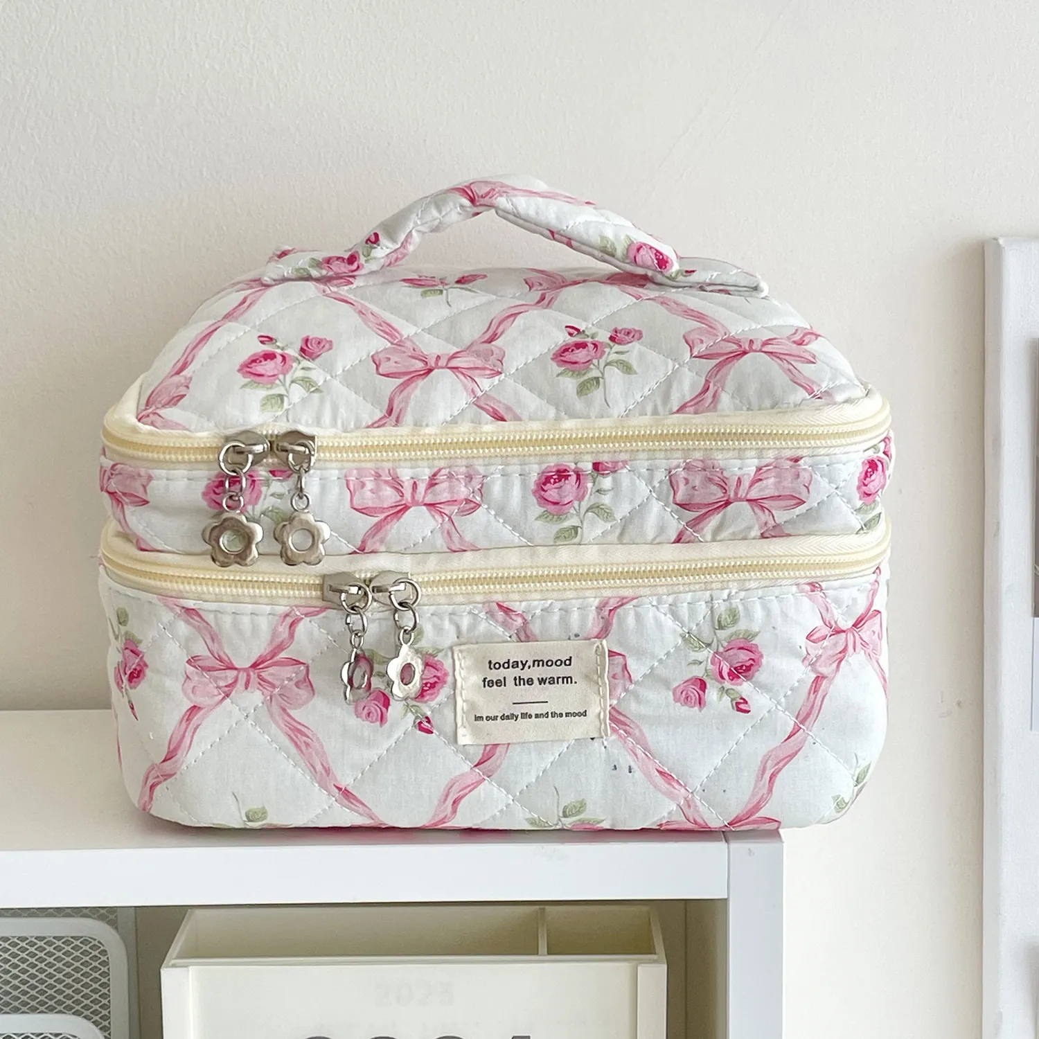 Quilted Cosmetic Bag Double Layer Large Capacity Floral Bow Pattern Travel Makeup Organizer Portable For Women