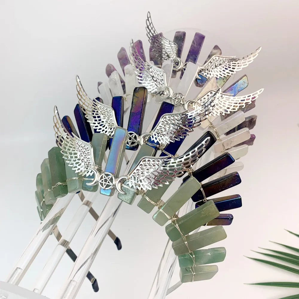 Handmade Natural Raw Crystal Quartz Crown Headband Silver Alloy Wings Star Moon Retro Bridal Wedding Tiara For Women Gothic