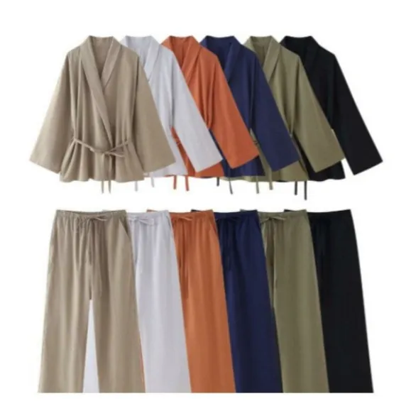 Kimono Wrap Top And Wide Leg Pants Women Casual Linen-Like Polyester V-Neck Tie-Waist Loungewear