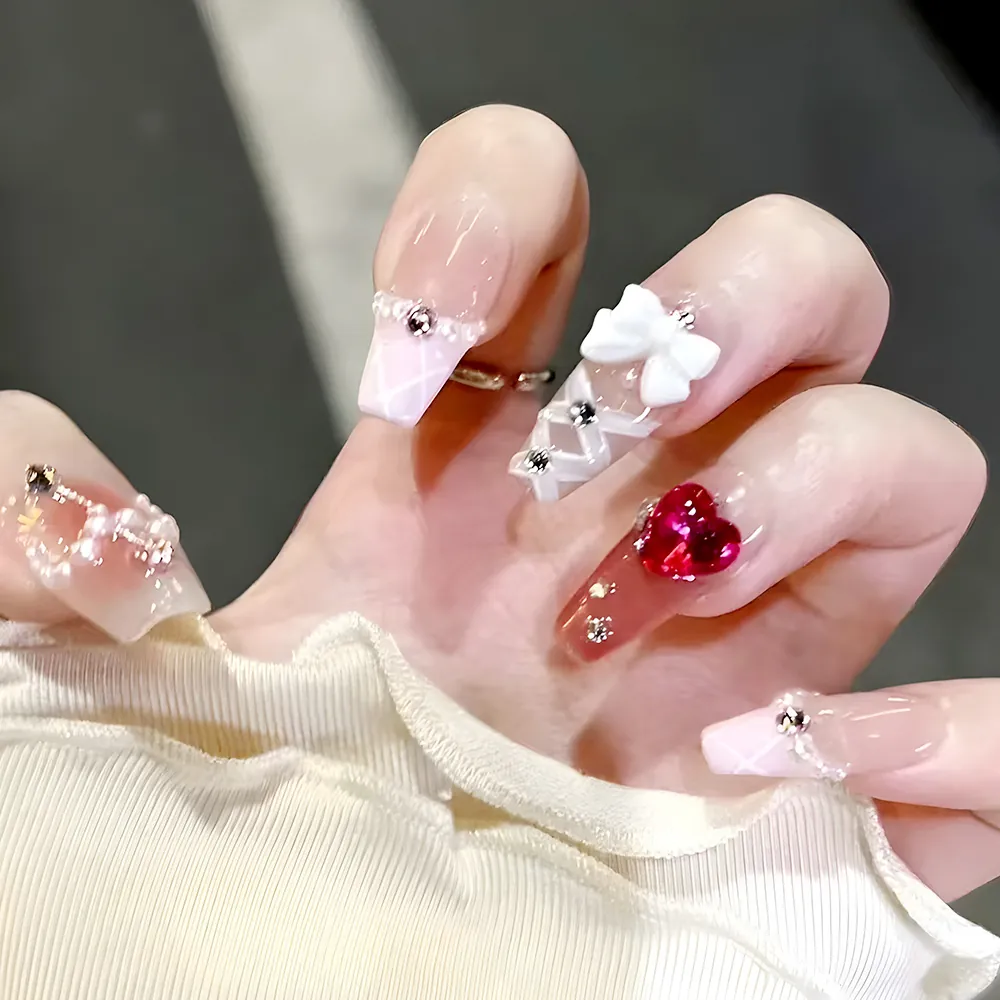 Press On Nails Pink Gradient Long Coffin Fake Nails With 3D Bow Heart Rhinestone Artificial Pearl Angel Decor Y2K Spicy Girl Style