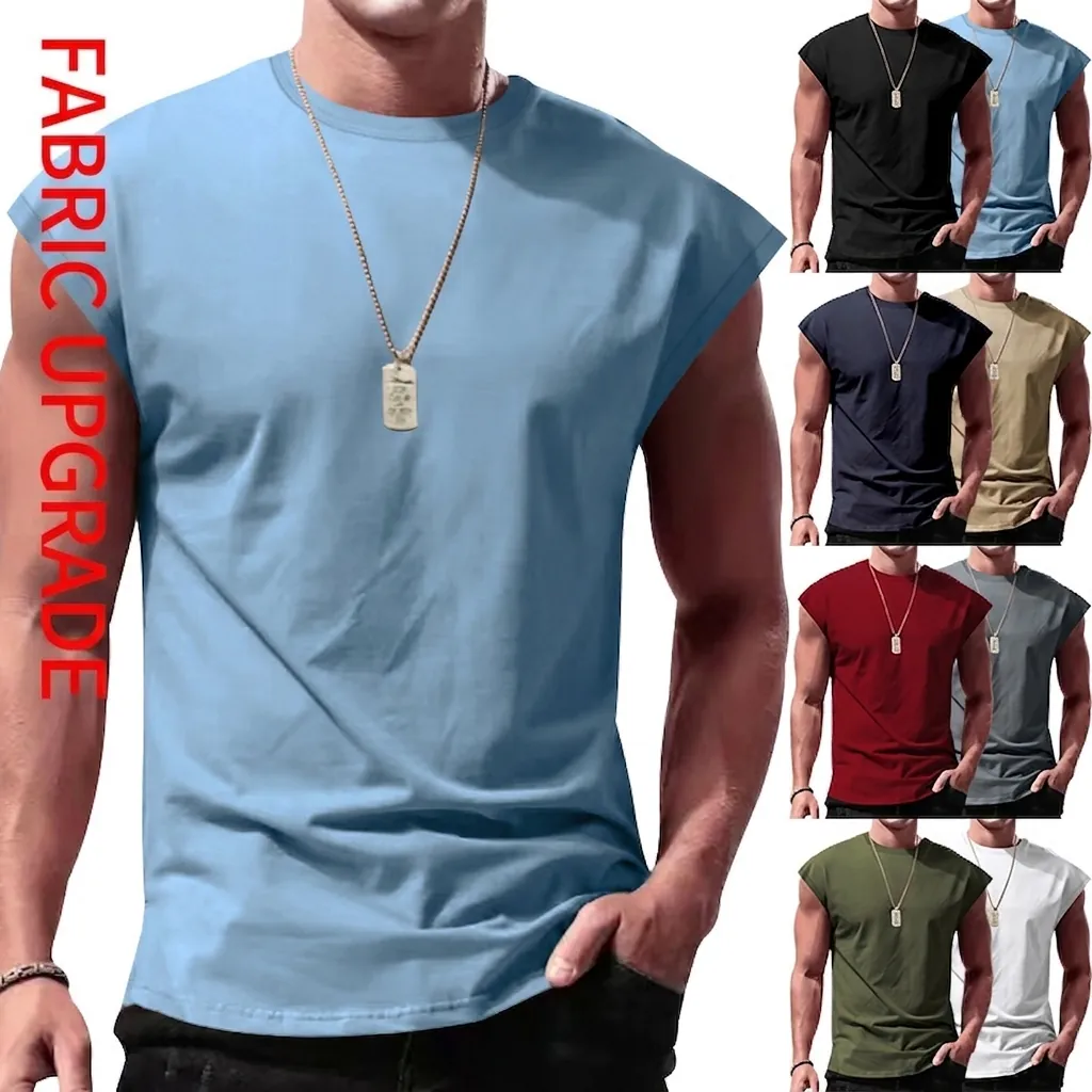 Men Sleeveless T-Shirt Tank Top Polyester Breathable Summer Casual Sports Fitness Solid Color Round Neck Muscle Fit
