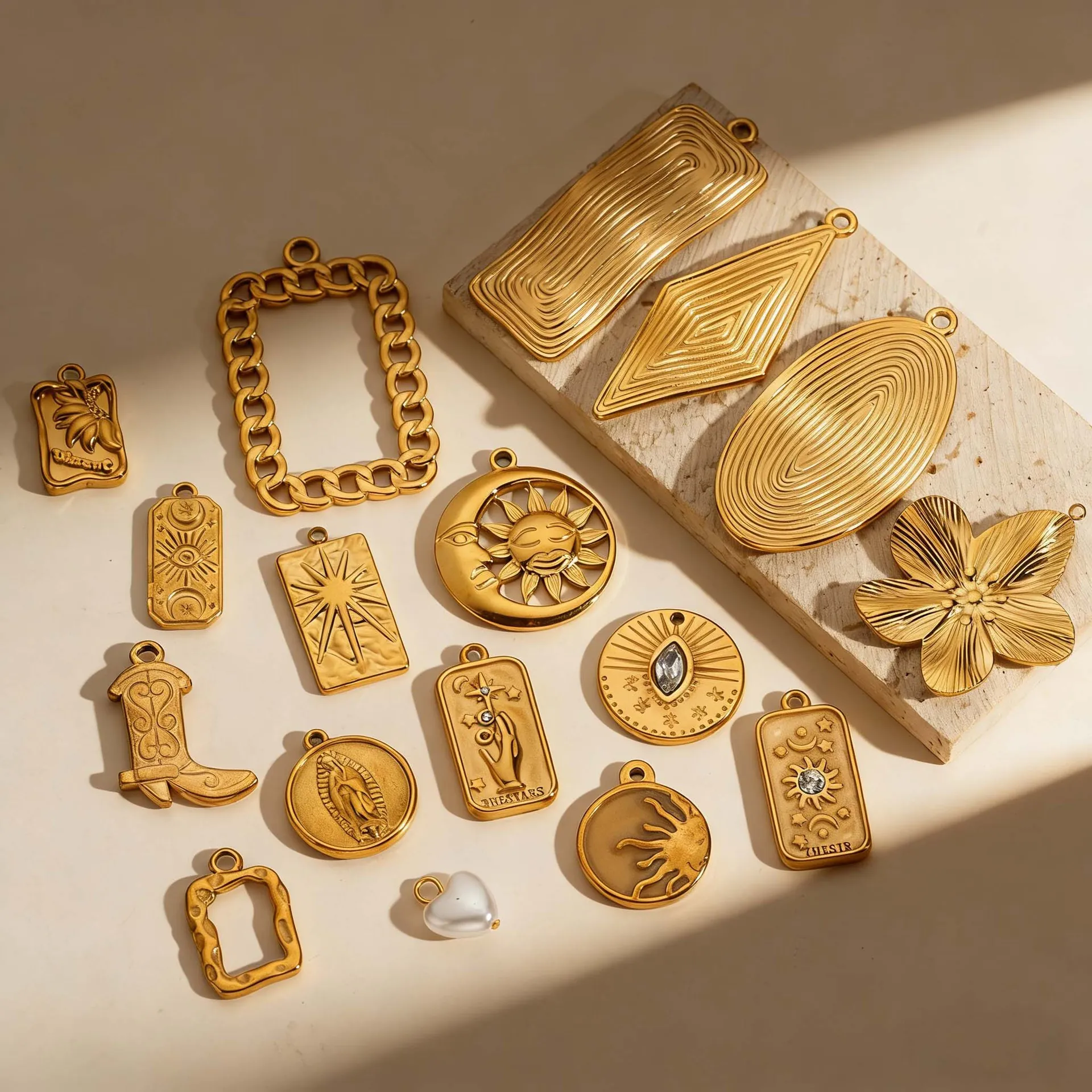 Gold Plated Stainless Steel Pendants Charms Sun Moon Star Geometric Flower Boot For DIY Jewelry Making Necklace Crafting