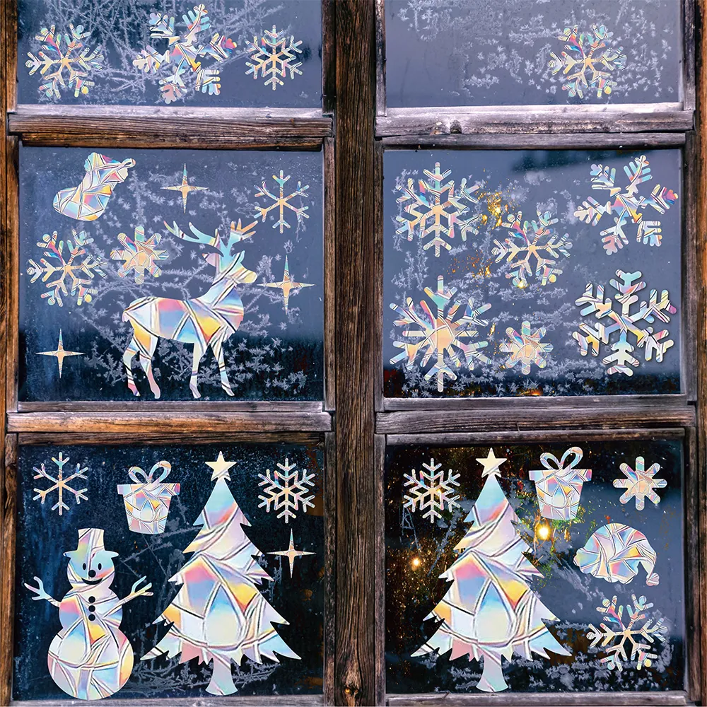 Weihnachts Fensterbilder Holografisch Statisch PVC Schneeflocke Rentier Muster Regenbogen Prisma Effekt Feiertag Deko
