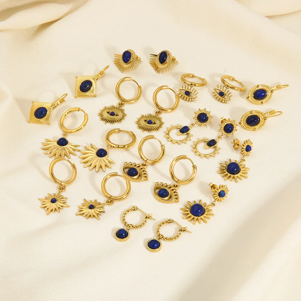 Boucles D'oreilles Pendantes Rétro Français Acier Inoxydable Plaqué Or Lapis-lazuli Oeil Du Mal Soleil Étoile Bijoux Femme
