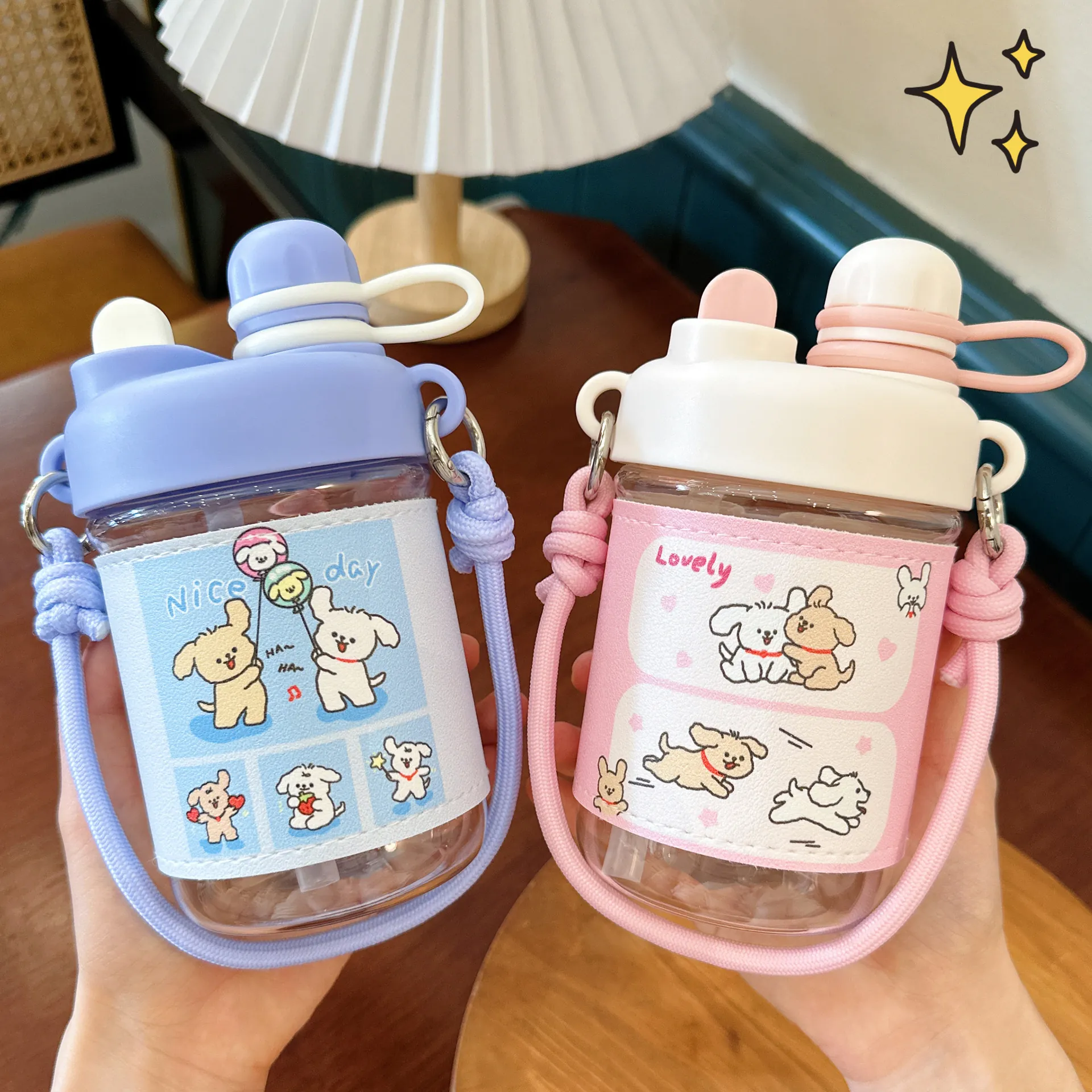Cute Cartoon Water Bottle With Protective Sleeve And Strap Dual Drinking Port Plastic Cup For Girls Students Portable